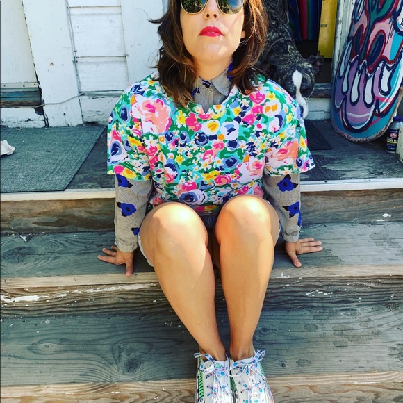 All-over-floral-summer-print 80s cotton blend T - Picture 2 of 6